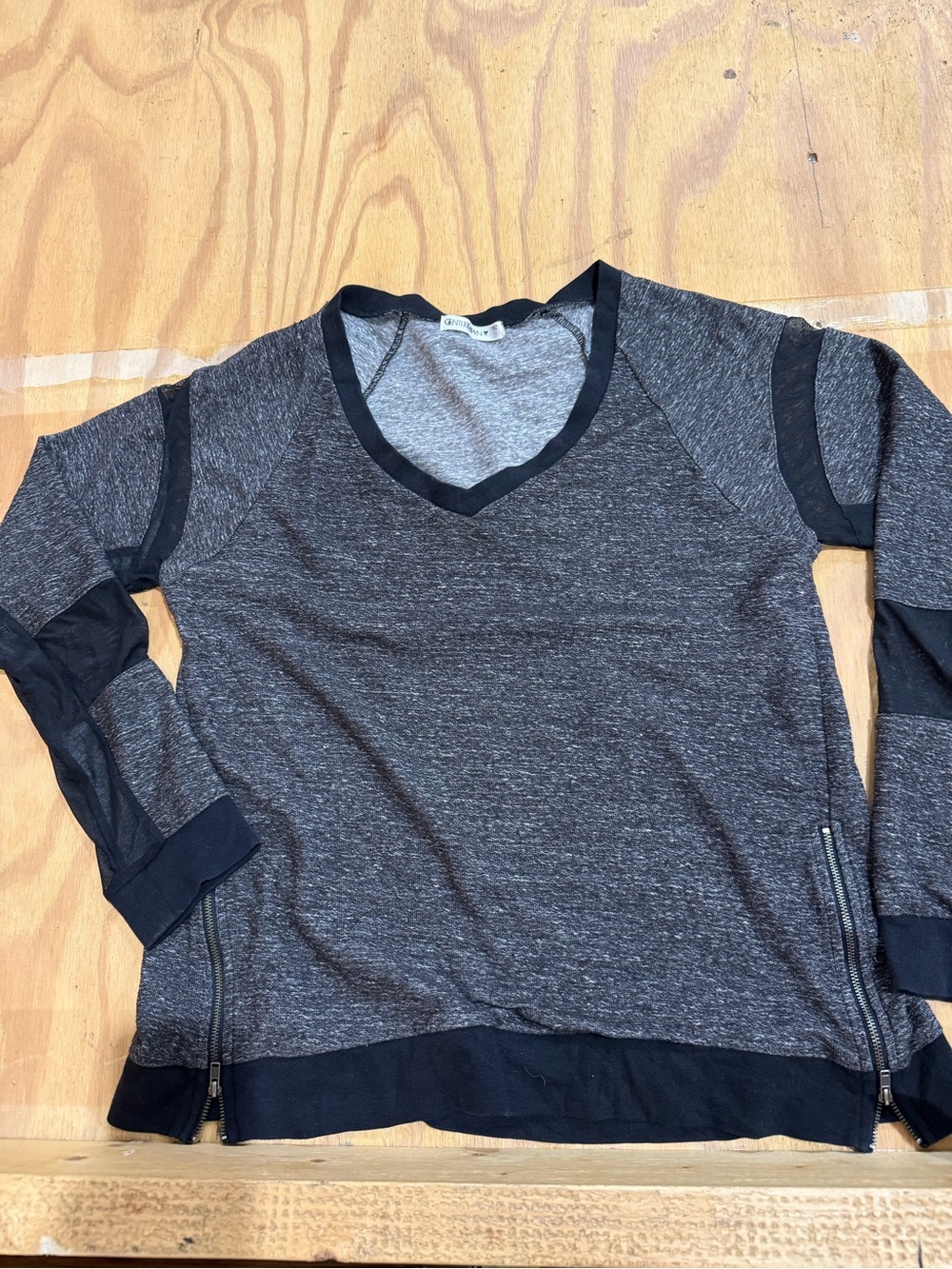 Gentle Fawn Gray Black Mesh Detail Side Zip Sweatshirt Top Size S